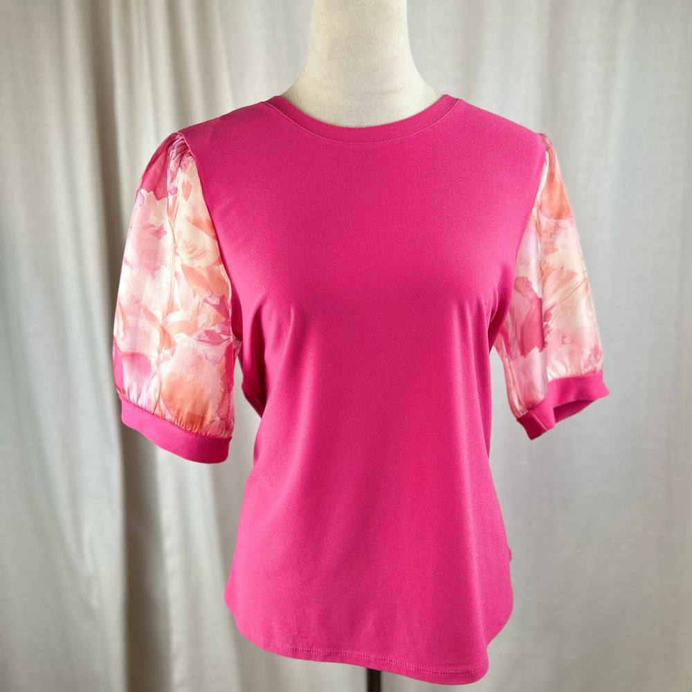CeCe Fuchsia Knit Tee‎ with Floral Sheer Puff Sleeves